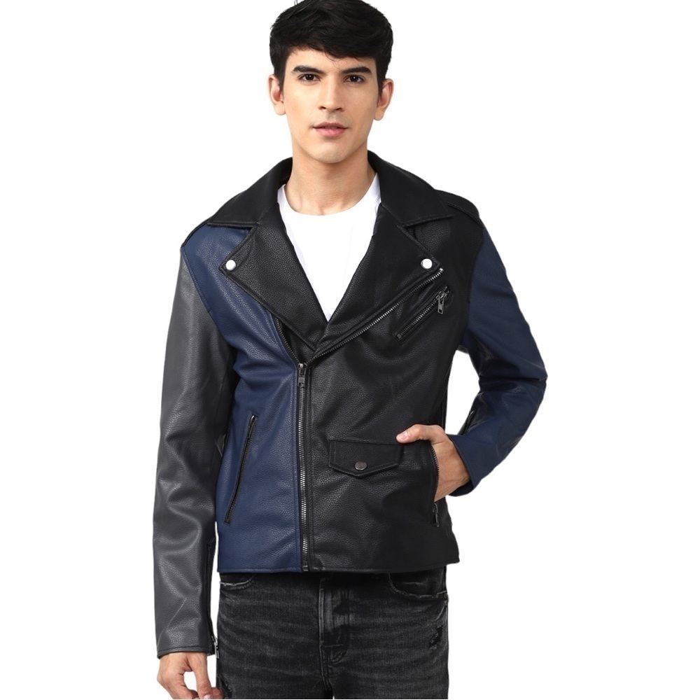 FOREVER 21 Jacket, Faux Leather Moto Black / Blue Size M